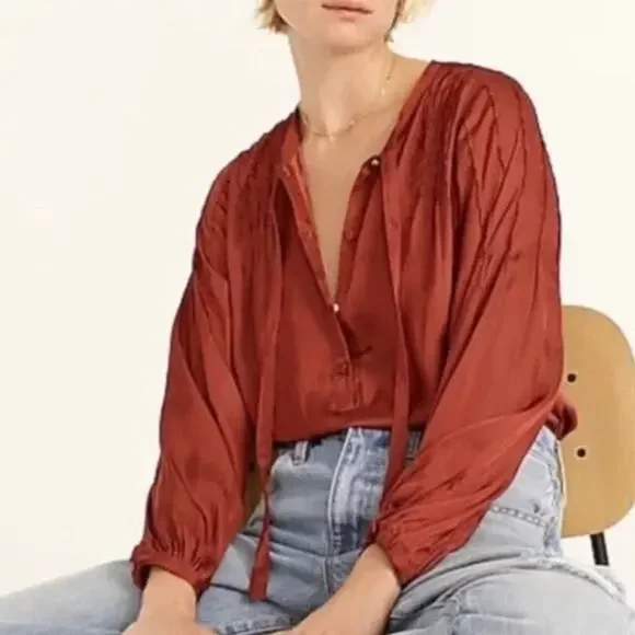 J Crew Size M Featherweight Satin Tie Neck Blouse Clay Tile Orange - Picture 2 of 11